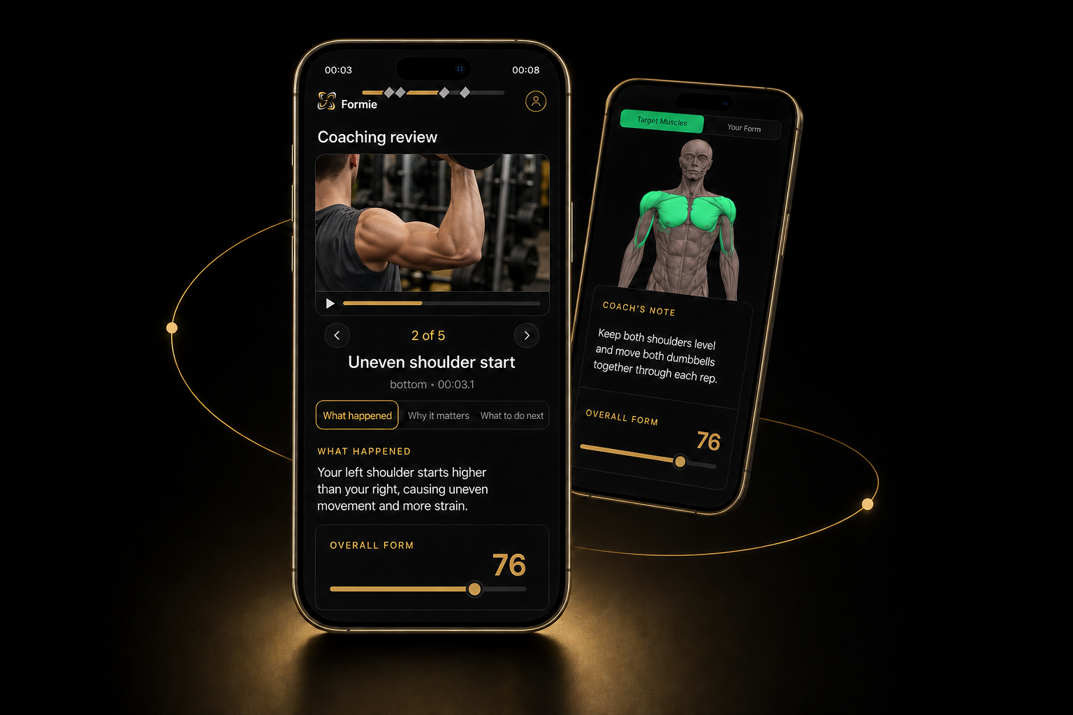 Formie coaching review with recorded exercise video, correction carousel, muscle map, coach note, and score
